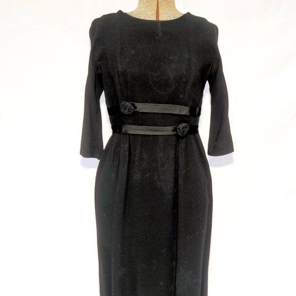 Vintage 50's 60's Black Crepe Cocktail Party Dress Ribbon Rosettes SM by Pavelle - Picture 2 of 10